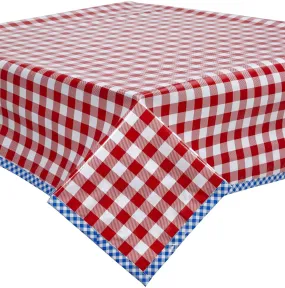 48 x 102 Large Gingham Red Oilcloth Tablecloth with Blue Gingham Trim