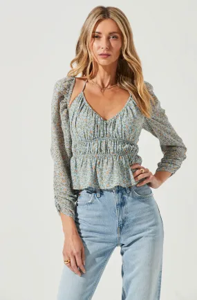 Floral Long Sleeve Shoulder Cutout Tie Neck Top