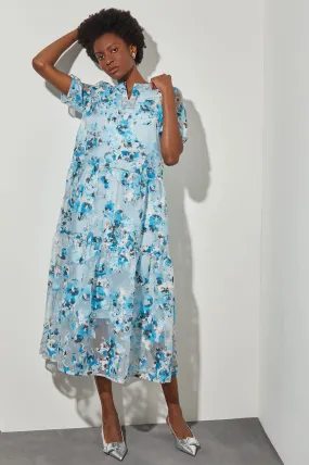 Maxi A-Line Dress - Tiered Sheer Floral Woven