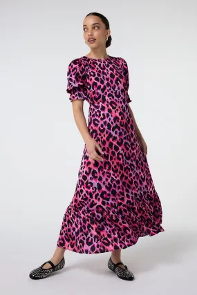 Pink and Lilac with Black Shadow Leopard Flute Sleeve Midi Dress