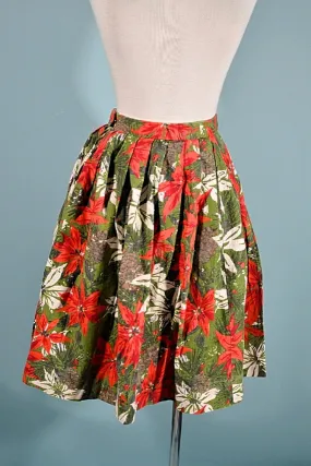 Vintage 50s Poinsettia Floral Novelty Print Skirt, Winter Christmas M